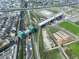 「釜無川橋梁ほか新設工事」の工事現場をドローンで空中から撮影（写真：JR東海）