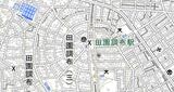 街の区画を見ると、日吉と田園調布は似ている（国土地理院 電子国土Webより）