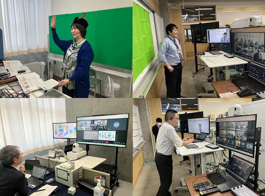 家庭科の授業（左上）、クロマキー合成を活用した歴史総合の授業（右上）、函館美術館と連携した書道の特別合同授業（左下）、夏期講習（右下）