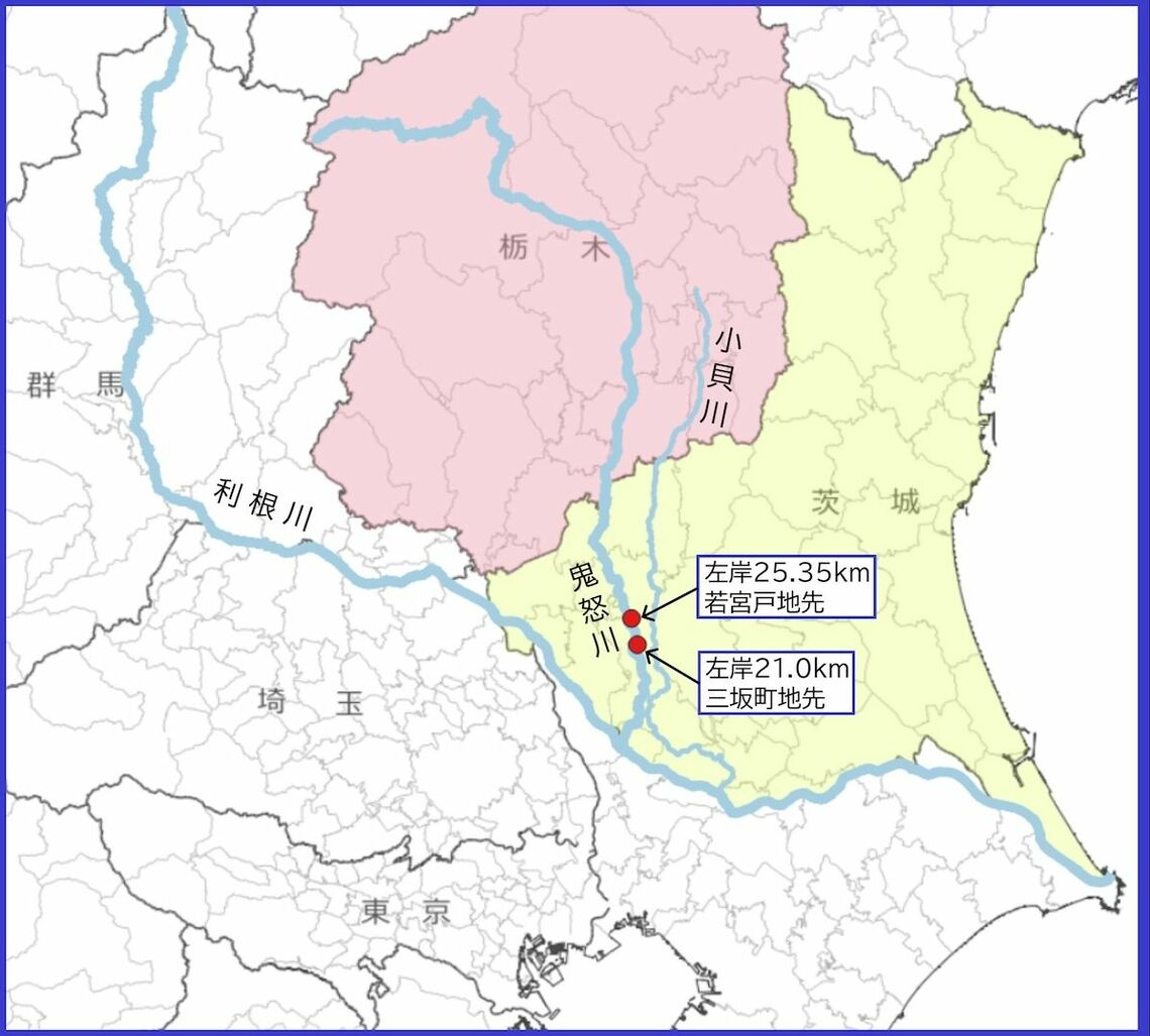 氾濫水が流れ込んだ鬼怒川左岸2カ所をめぐり、国と住民側が争った（画像：地理院タイルと国土数値情報を使用し、ごん屋が作成）