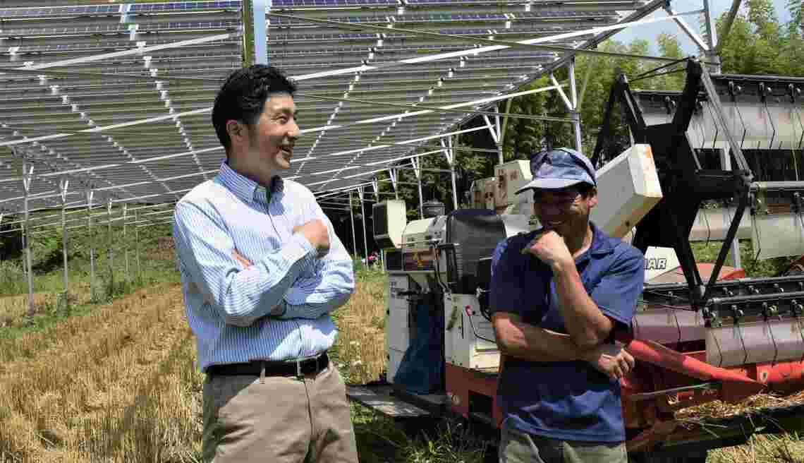 近藤恵さん（左）と大内督さん。大内さんのコンバインがパネルの下を悠々と動き回り、小麦を刈り取っていった（写真：筆者撮影）