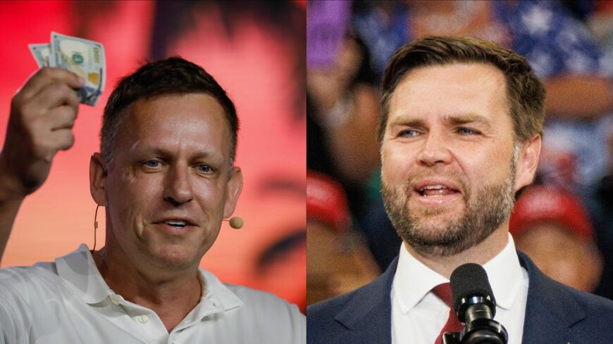 ペイパルやOpenAIなどの共同創業で有名な大富豪ピーター・ティール氏（左）と共和党の副大統領候補J.D.バンス氏（右）（写真：Bloomberg）