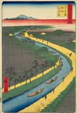 江戸時代、人力で舟をひく様子（四ツ木通用水引ふね『名所江戸百景』より）
