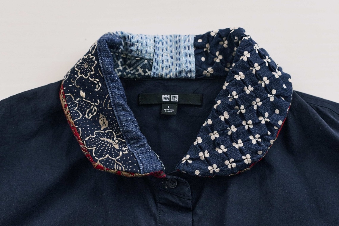 リサイクルショップで買ったユニクロのワンピースに刺し子の襟を付けて（写真：林ひろし）