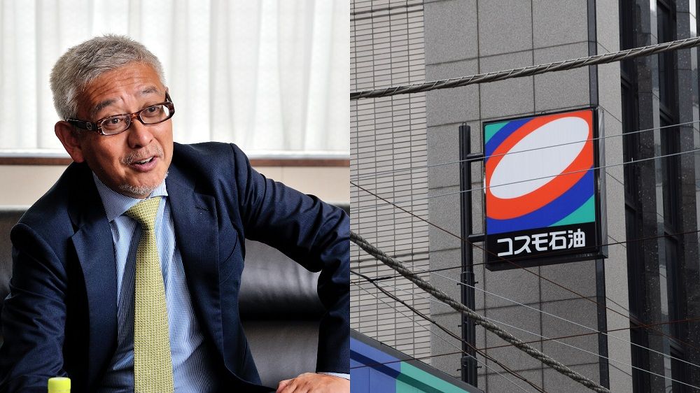 1年以上にわたる対立が正念場を迎えている。左は村上世彰氏（撮影：梅谷秀司）、右はコスモ石油のサービスステーション（写真：編集部）