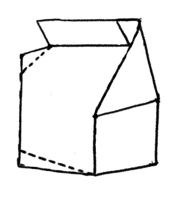 遠近感を出すために2本の点線を引いた図。このあと上下の三角形を消し、点線を実線にすると、紙袋らしい形に整う（出所：『誰でも30分で絵が描けるようになる本』）
