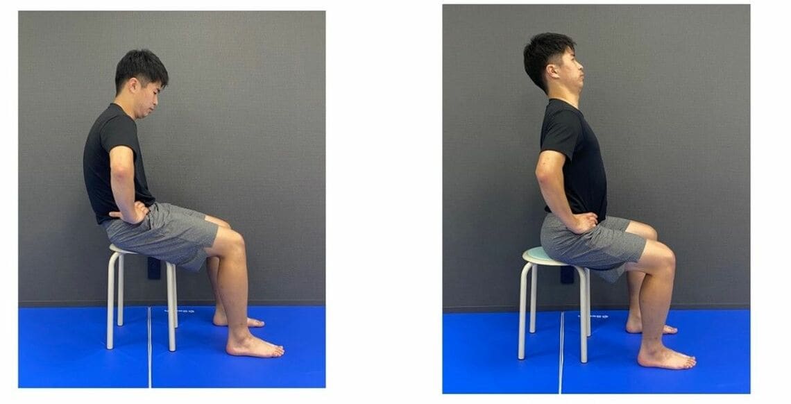 骨盤前後傾運動 イスに浅く座って、手は腰に置く（肩の可動域制限が強い場合は、手を腿の上に置く）。骨盤をうしろに傾けた状態（後傾）から、骨盤を立てる（前傾）を繰り返す（提供：東京スポーツ＆整形外科クリニック）