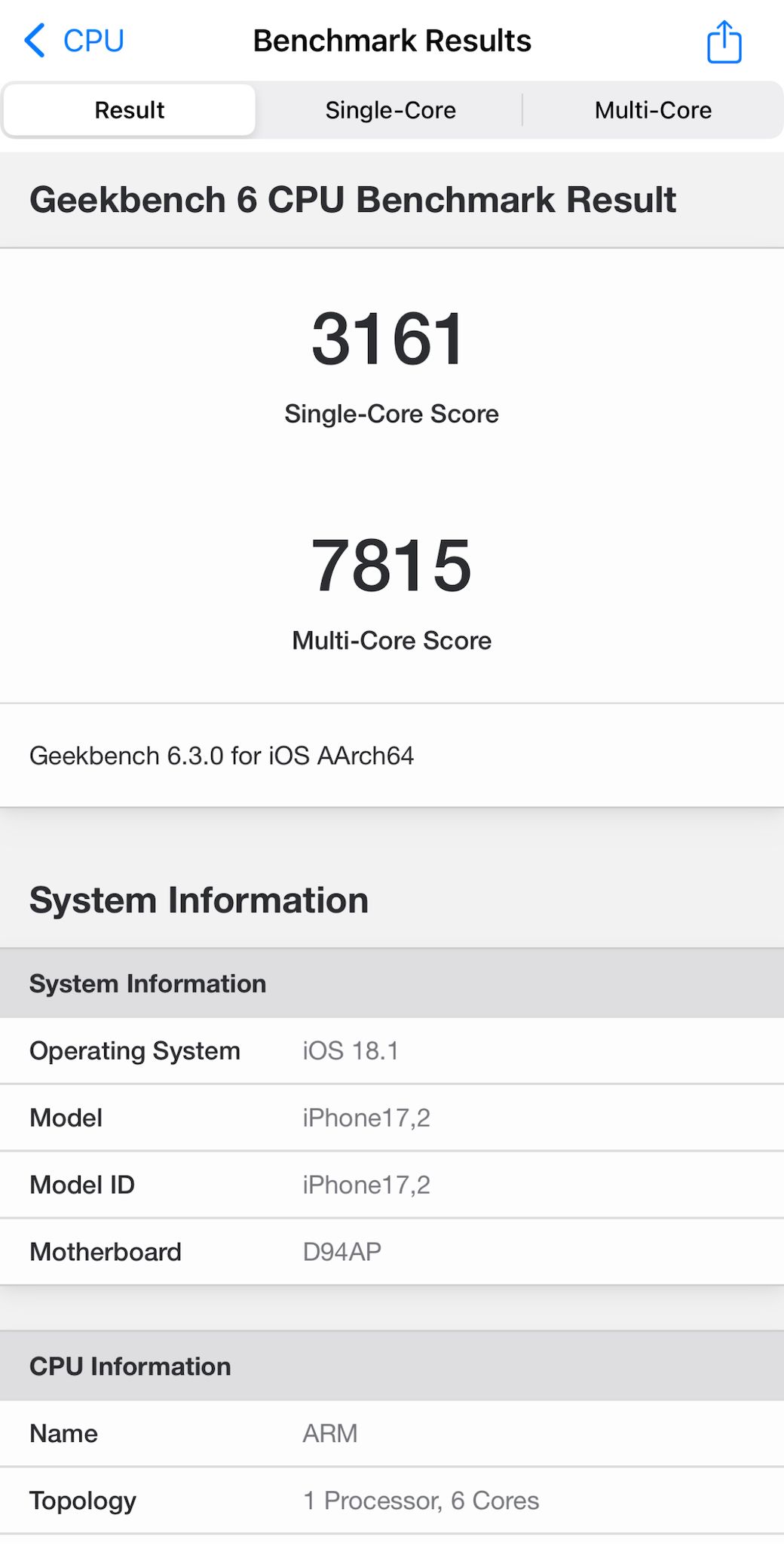 A18 Pro搭載のiPhone 16 Pro MaxをGeekbench 6でCPU計測。MacBook AirやiPadが搭載するM1チップに相当する性能を誇る（筆者撮影）