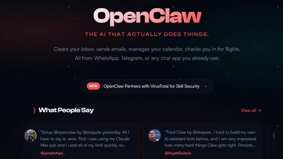オープンソースのAIエージェント、オープンクローは中国で爆発的人気を呼んでいるが、利用に伴うデータ処理量もまた急増している（オープンクローのウェブサイトより）