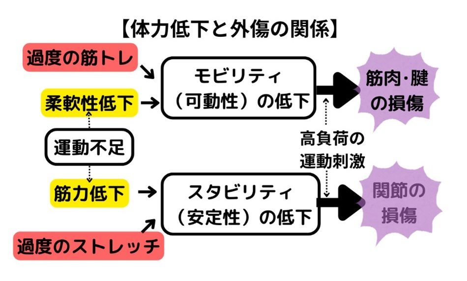 体力低下も過度のトレーニングもケガの原因となる（図：筆者作成）