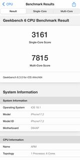 A18 Pro搭載のiPhone 16 Pro MaxをGeekbench 6でCPU計測。MacBook AirやiPadが搭載するM1チップに相当する性能を誇る（筆者撮影）