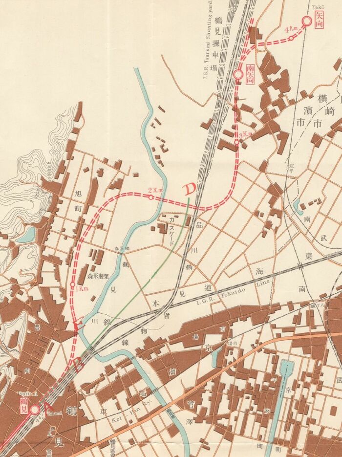 鶴見（左下）から矢向（右上）までの計画路線