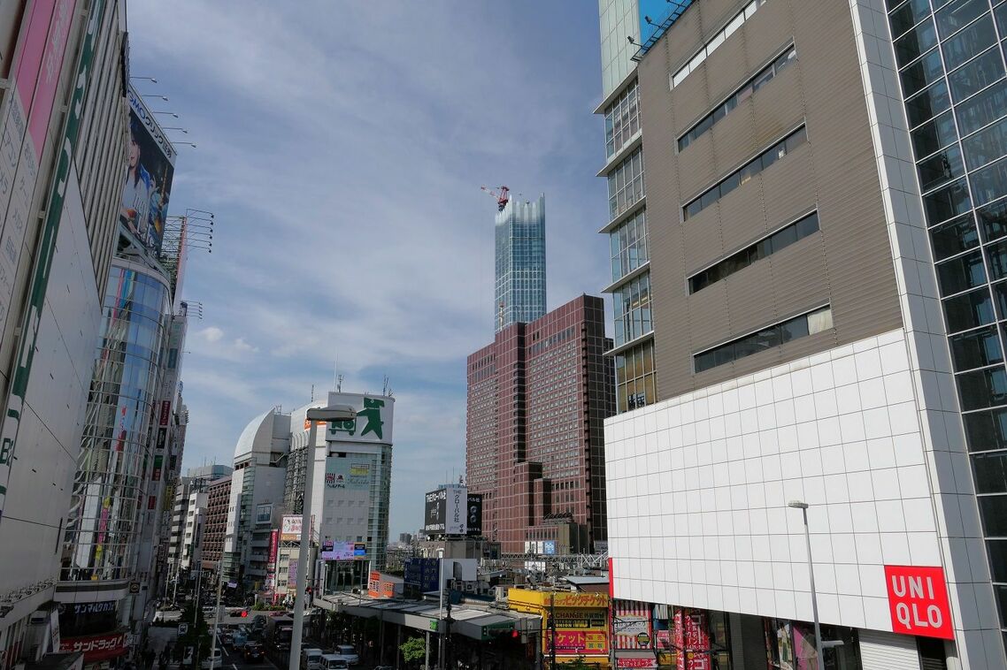 西口から見た西武新宿駅方面。茶色の建物が駅直結の