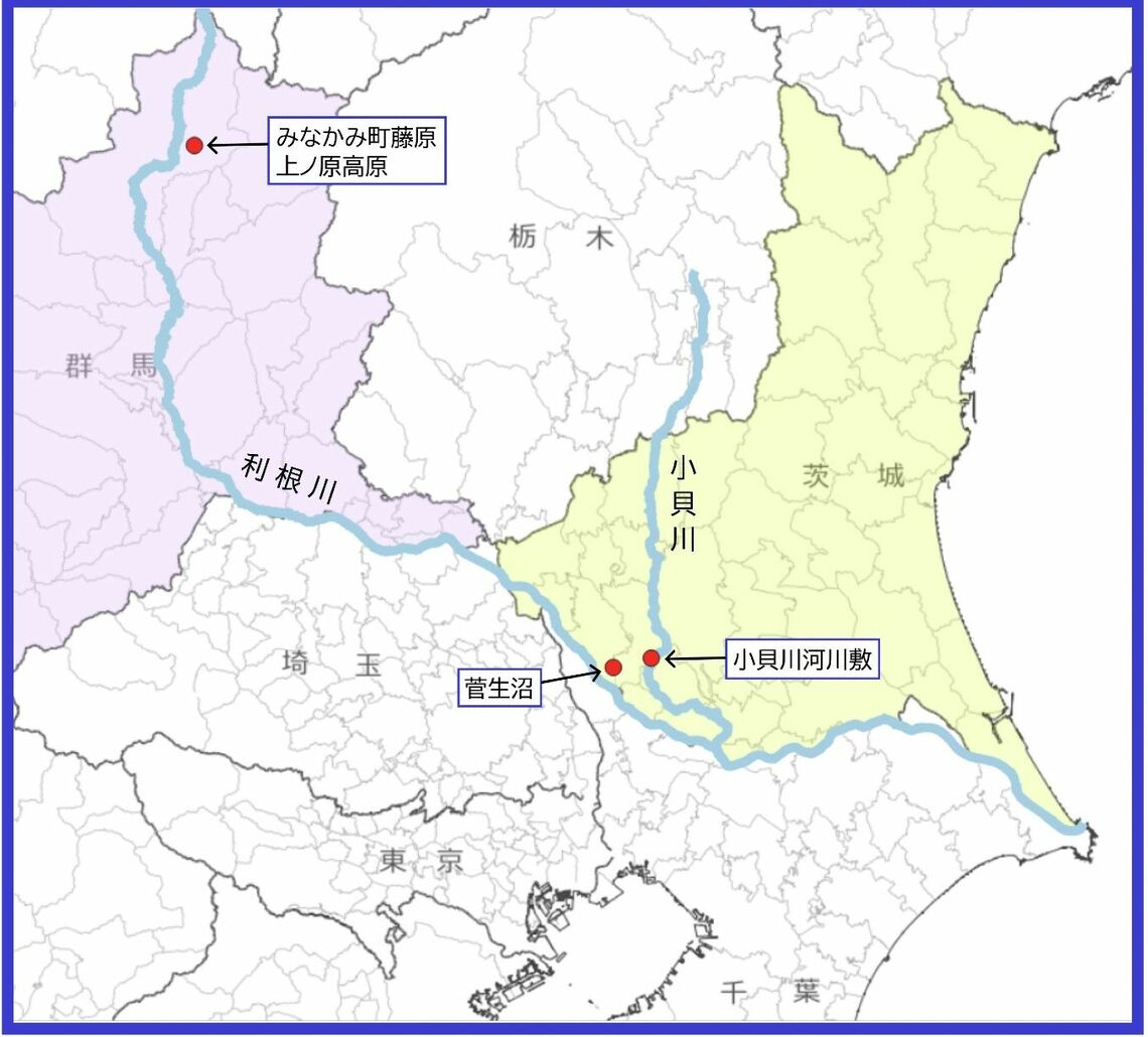 野焼きが連鎖的に始まった利根川水系の3カ所（地理院タイルと国土数値情報を使用し、ごん屋が作成）