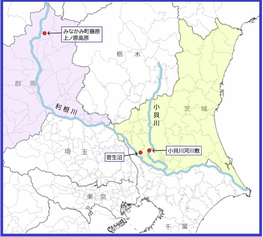 野焼きが連鎖的に始まった利根川水系の3カ所（地理院タイルと国土数値情報を使用し、ごん屋が作成）