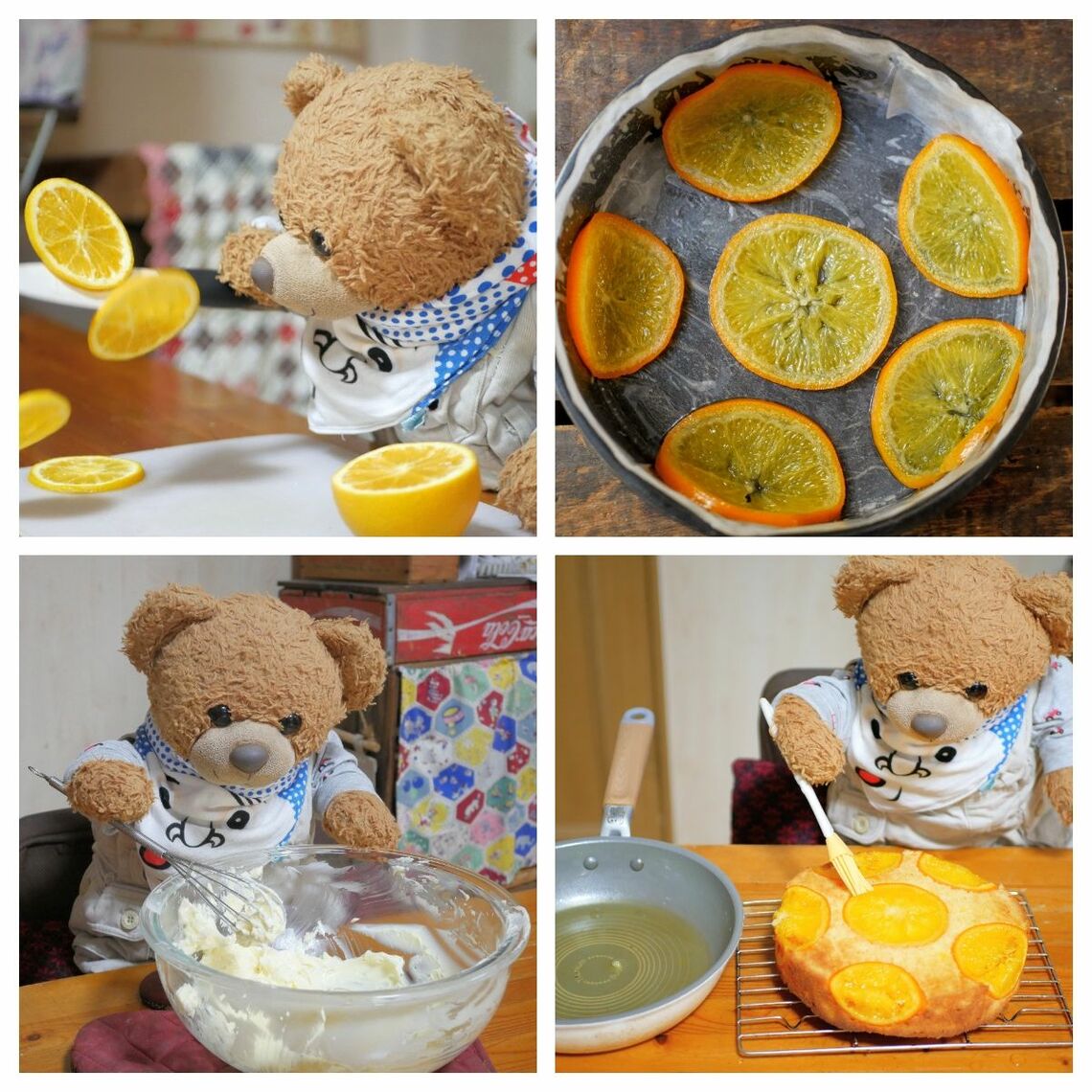 オレンジケーキを作るくまくん。（写真：『ぼくはくま、特技はせん切りやねん!!!』より）