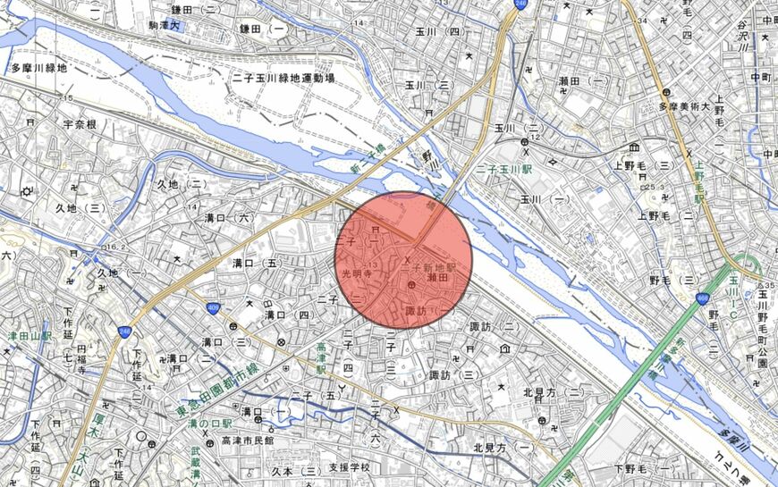 今回歩いた場所（国土地理院 電子国土Webから筆者作成）