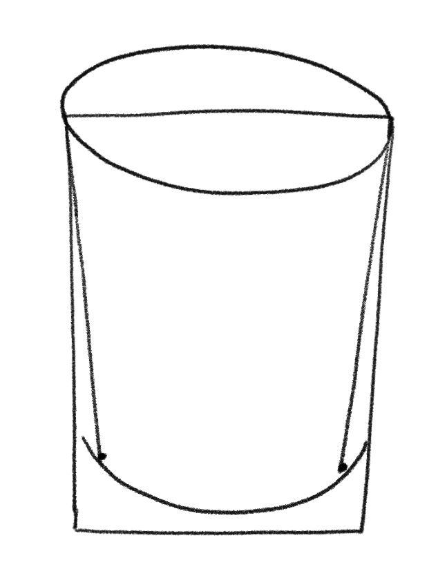 スープ缶の底の半楕円形に「しるし」をつけて長方形の頂点とつなぎ、奥行き感のある「先細り」の形にする（出所：『誰でも30分で絵が描けるようになる本』）