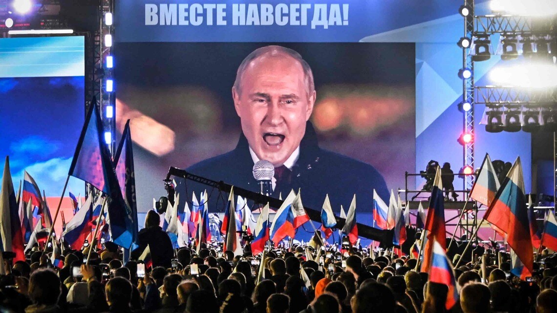 2022年9月30日、プーチン大統領がモスクワ「赤の広場」で行ったウクライナ4州の併合宣言（写真・AFP＝時事）