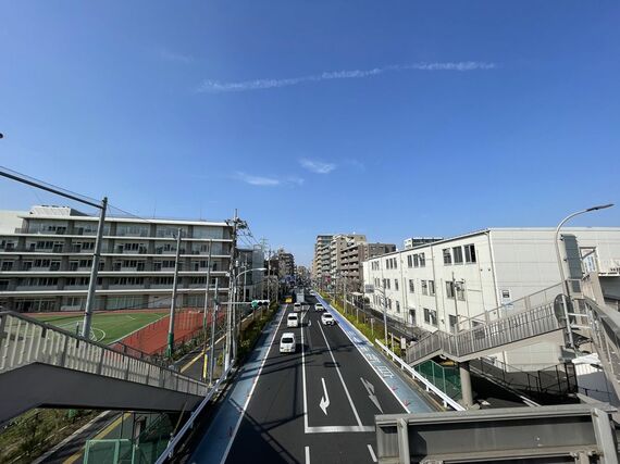 通りを挟んで左が「足立区立綾瀬小学校」、右が「足立区立東渕江小学校」