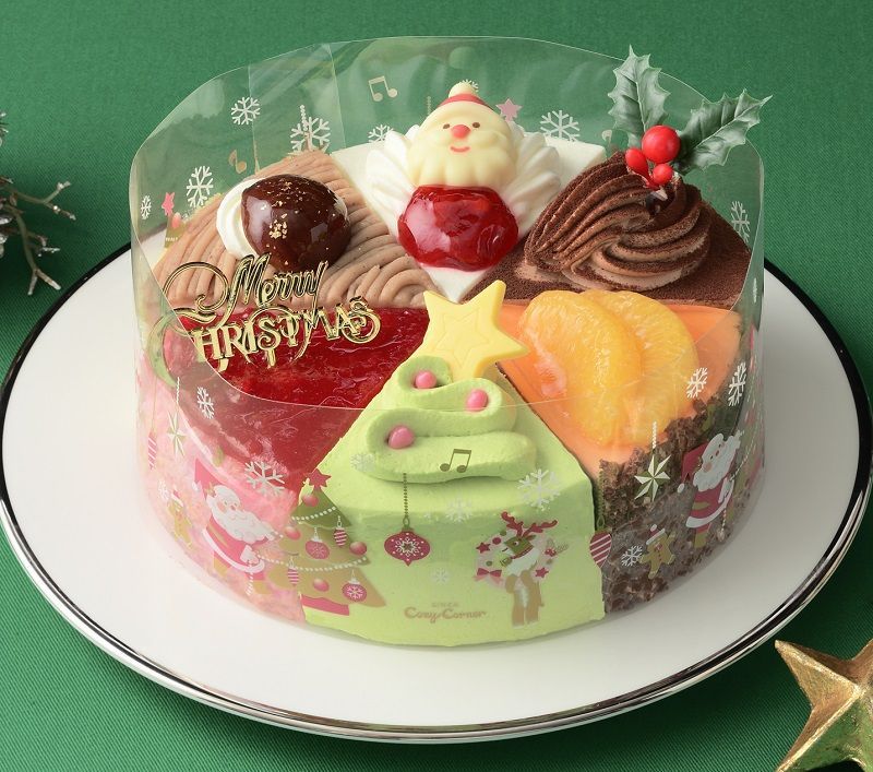 6つのクリスマスアソート（直径15cm、3500円）。苺ショート、チョコレートケーキ、オレンジショコラ、抹茶のシフォン、苺のミルクレープ、栗のショートケーキの詰め合わせ（写真：銀座コージーコーナー）