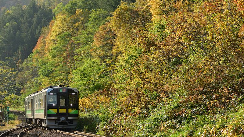 紅葉する銀山駅に到着するH100形の列車（写真：Keiji "tekito" NISHINO/PIXTA）