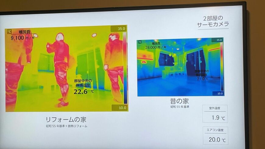 断熱リフォーム後（左）とそれ以前の室内の温度の様子。暖色が暖かいことを表す（筆者撮影）