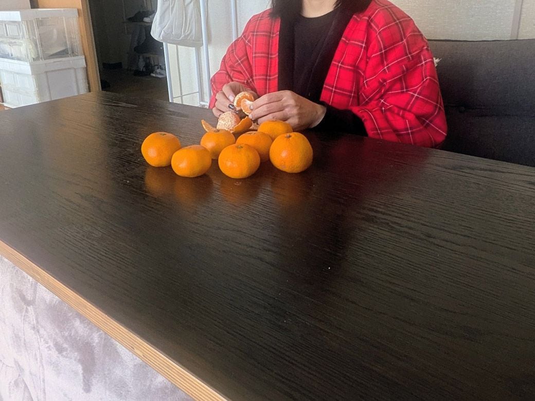 半纏を着てこたつでみかんを食べる筆者