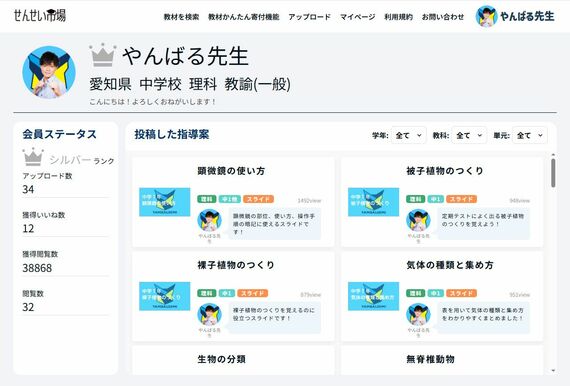 せんせい市場のユーザーページ
