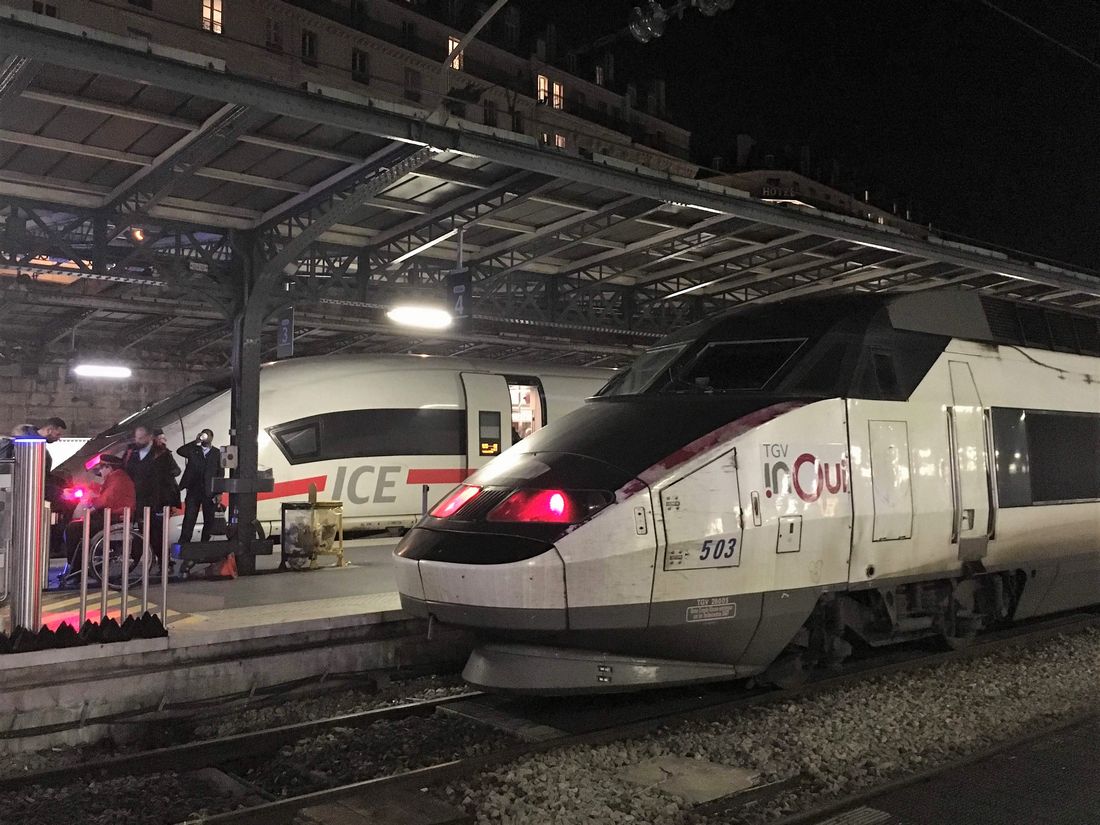 パリ東駅で顔を並べるTGV（手前）とドイツのICE（筆者撮影）