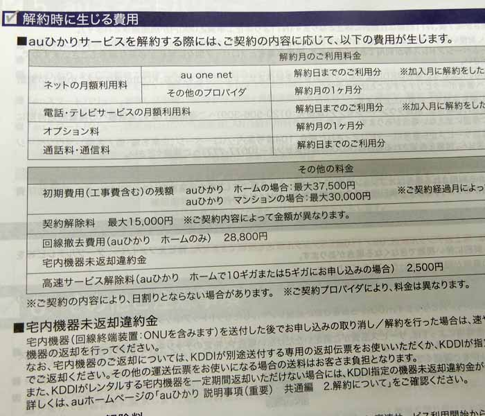 auの光通信の解約時の諸費用を計算すると、最大で8万円を超える（記者撮影）