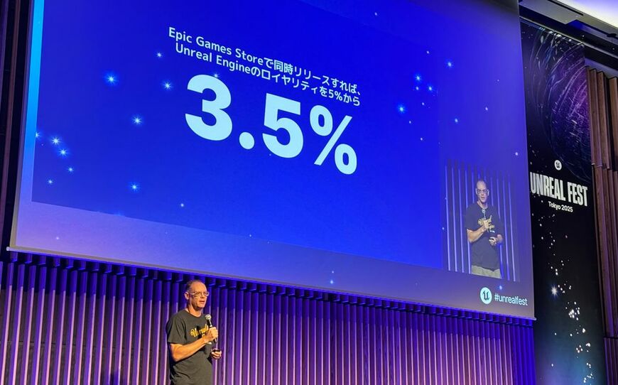 アップルを公然と敵視するエピックゲームズ社のCEO、ティム・スウィーニー氏。11月に来日した際も「アップルは悪」で開発者の要望に柔軟なグーグルはいい会社と公言し、エピックゲームズが展開するアプリストア、「Epic Games Store」では、開発者の利益還元率を増やすキャンペーンを行うことを宣伝していた（筆者撮影）