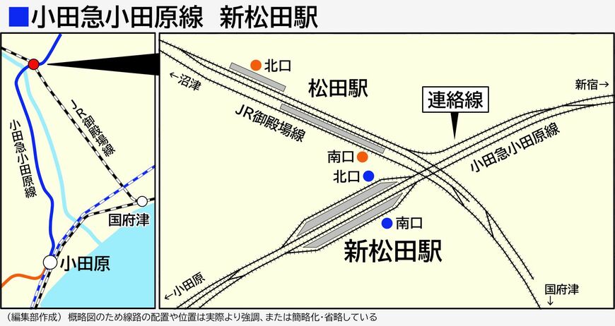 小田急小田原線の新松田駅とJR御殿場線の松田駅の位置関係（編集部作成）