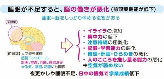 睡眠不足になると、脳の働きが悪化し、イライラの増加や集中力の低下を引き起こす