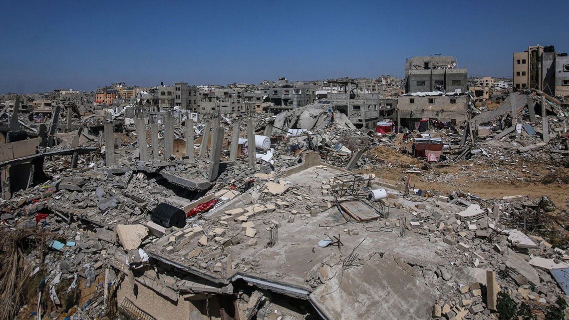 ガザ地区ハーンユニス中心部で破壊された家屋
