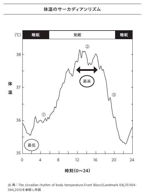 体温のサーカディアンリズム（出 典:The circadian rhythm of body temperature.Front Biosci(Landmark Ed),15:564- 594,2010を参照し作図）