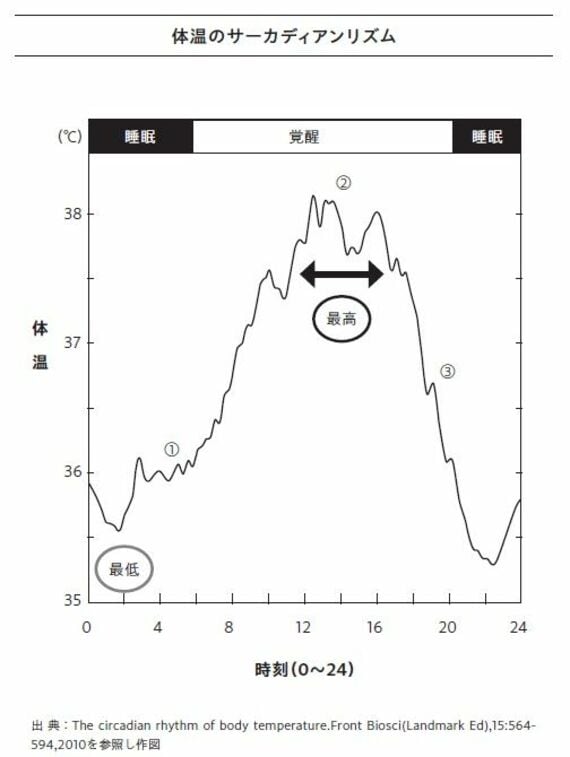 体温のサーカディアンリズム(出 典:The circadian rhythm of body temperature.Front Biosci(Landmark Ed),15:564- 594,2010を参照し作図)