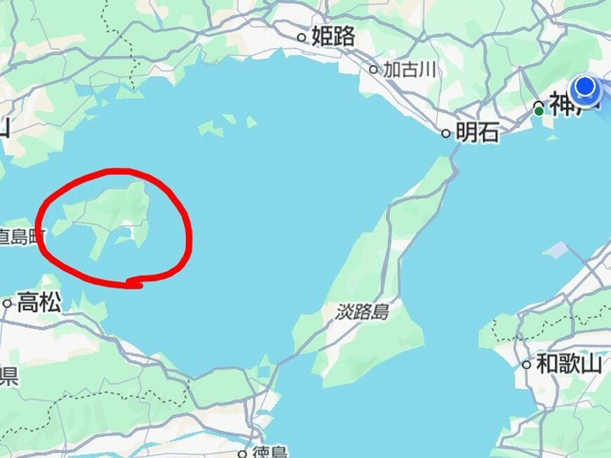赤丸が小豆島（画像：グーグルマップより）