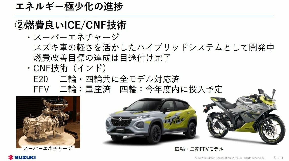 ニ輪車/四輪車ともにフレックスフューエル対応車を実装（10年先を見据えた技術戦略2025資料より）