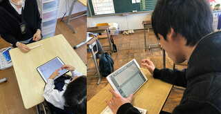 佐賀県の実践研究。iPadで文字を書く練習をする児童（左）・千葉県の実践研究。iPadで作文を作成する中学生（右）