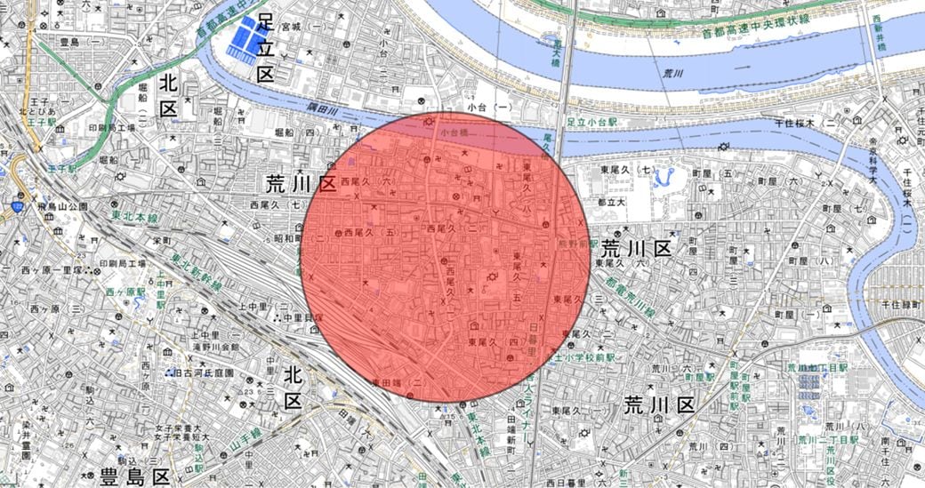 尾久エリアはだいたいこの辺り。東京都荒川区西尾久から東尾久にかけての界隈だ（国土地理院発行の地図から筆者が作成）