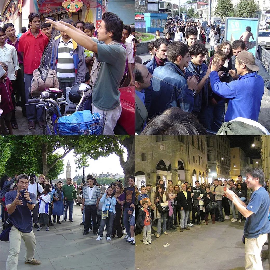 左上から時計回りに、インド（2005年）、ジョージア（2006年）、イタリア2011年）、イギリス（2008年）。聴衆の反応がダイレクトに感じられる大道芸が旅のパワーの源（写真：OCEANS編集部）