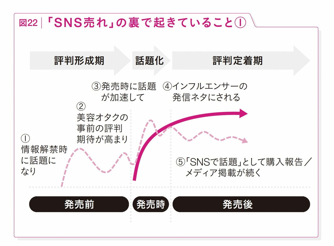 「SNS売れ」した商品についてSNSでどのように話題となり、売り上げにつながっているかを示す図