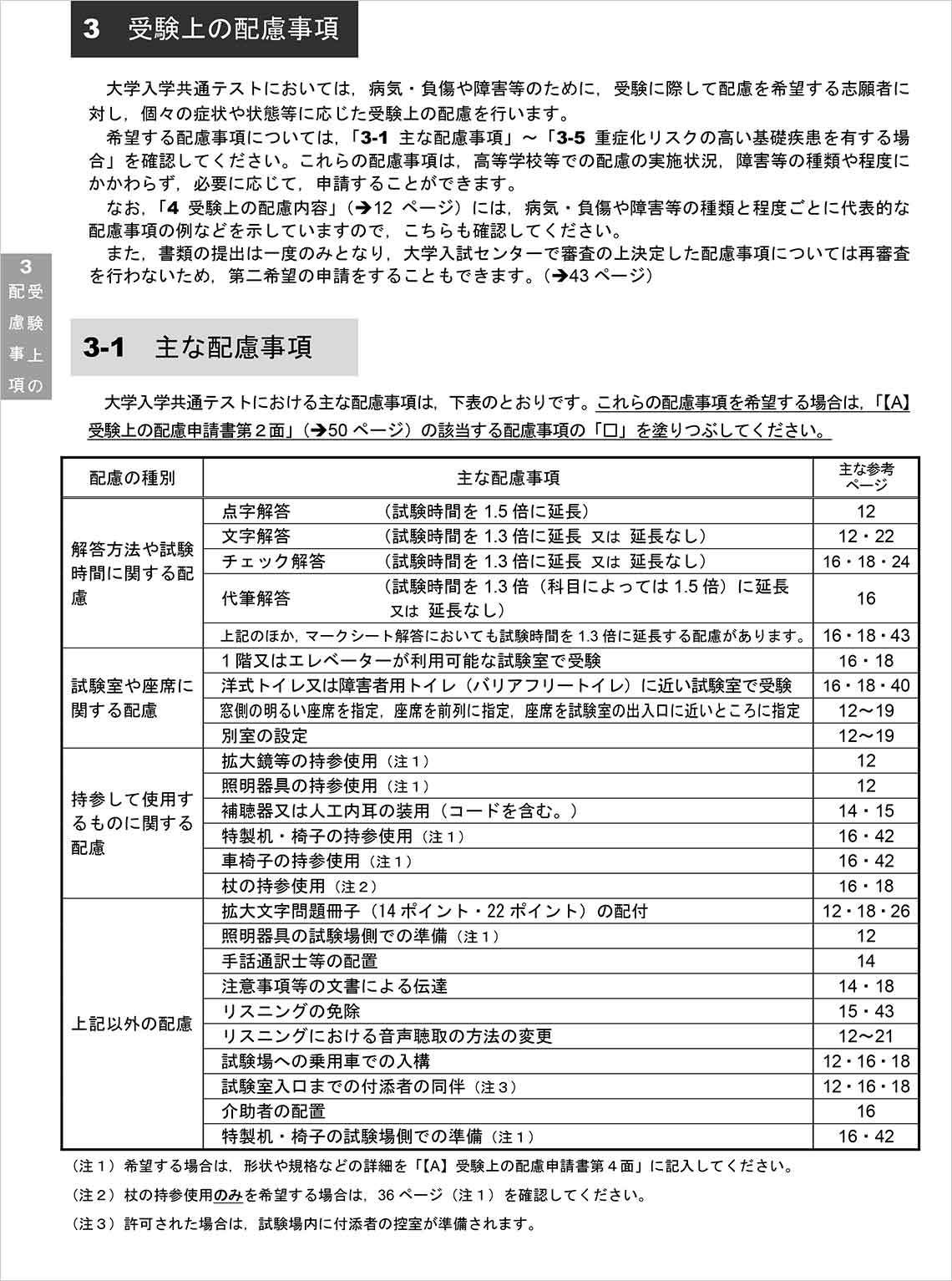 大学入学共通テストの「受験上の配慮案内」（出所：大学入試センターHPより）