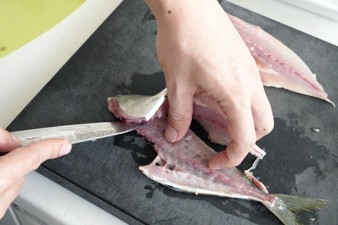 腹から包丁を入れたアジ
