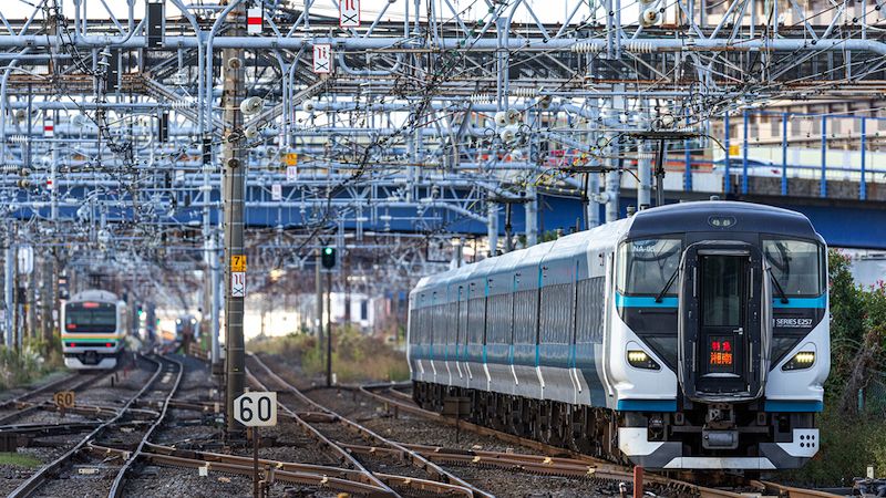 一般の東海道線電車が走る旅客線（左2線）と「湘南」が走る貨物線（右2線）の間に渡り線がある大船駅。ここは貨物線保守時の貨物列車の“客線迂回”等に使う（写真：久保田 敦）