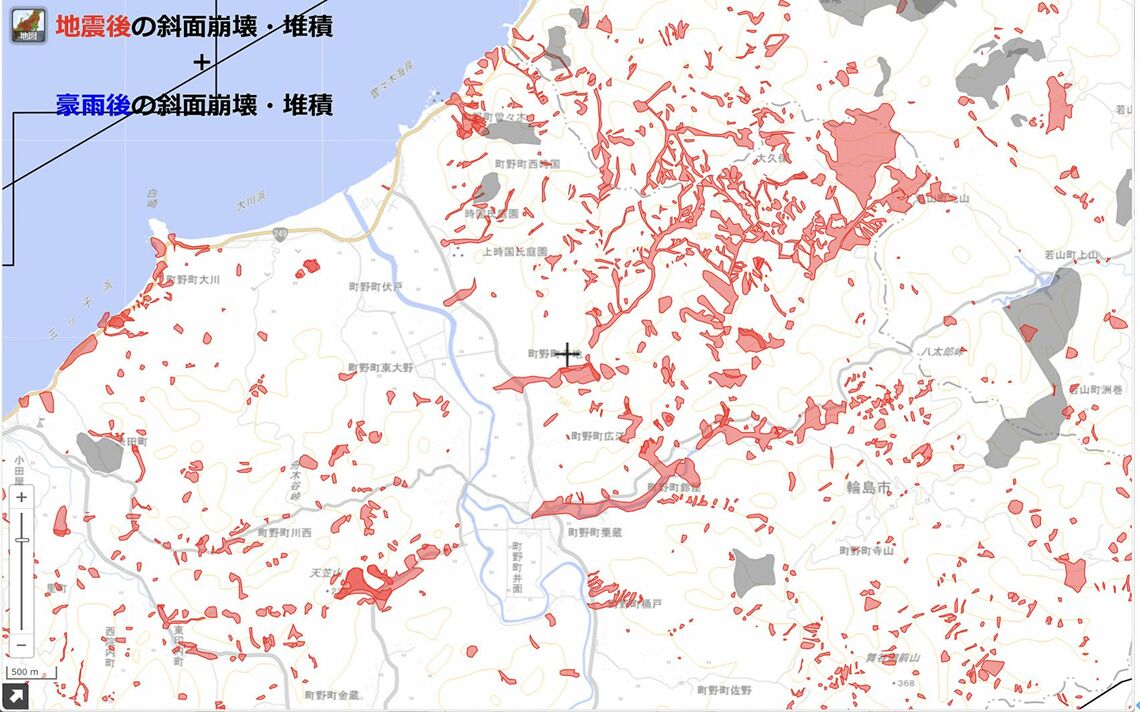 輪島市町野町付近の地震後、豪雨後、地震後＋豪雨後の斜面崩壊・堆積範囲