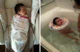 （写真左）おくるみとおしゃぶりで熟睡している長女（写真右）お風呂で活用していたスイマーバ（写真：Domani編集部）