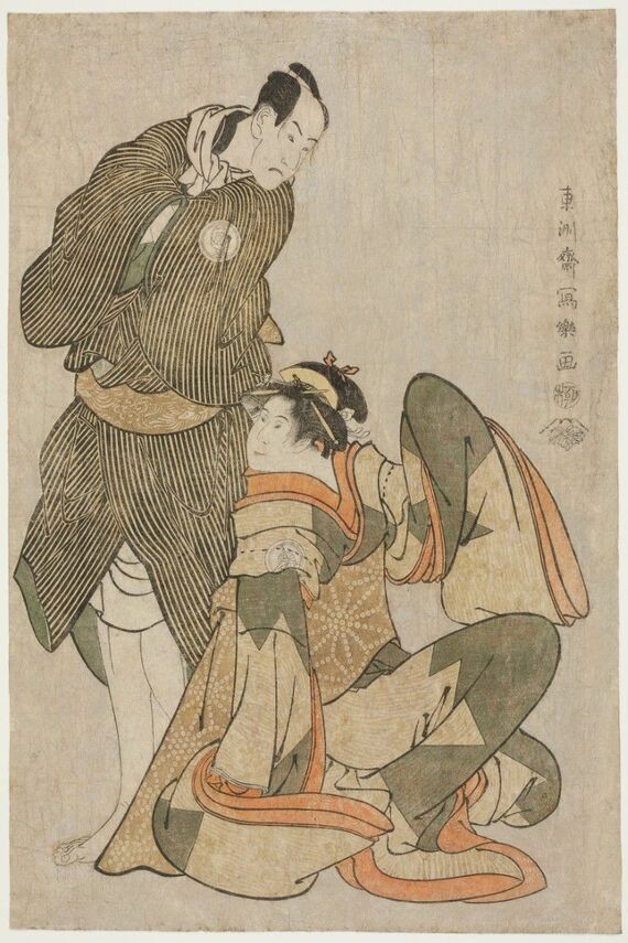 右がお半、左が帯屋長右衛門