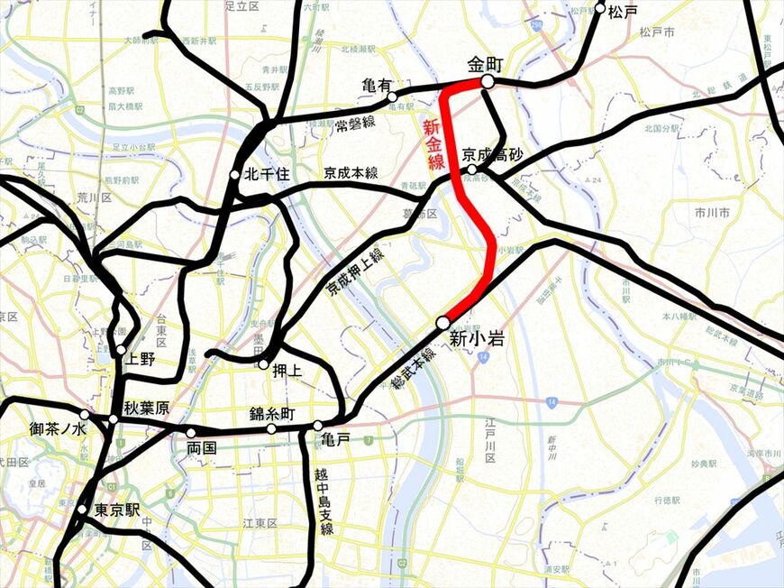 新金線のルート。総武本線と常磐線を結ぶ（国土地理院地図を筆者加工）